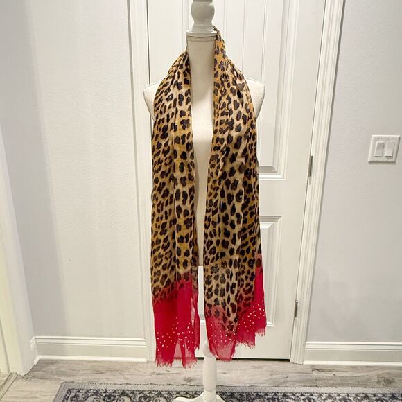 Large Leopard Spotted Scarf Bright Pink Accents Studded 27 x 100 NWT - Picture 1 of 14